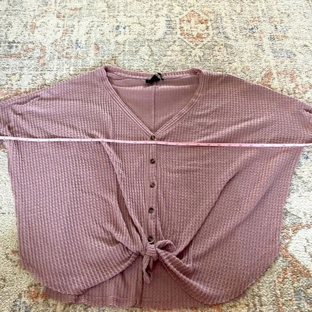 Womens Purple Waffle Knit Button Front Tie Waist Henley Long Sleeve Top Small - Picture 4 of 9